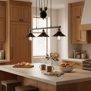 Bonza Bay Adjustable Pendant Light hanging above a kitchen island with fruits and mugs on the countertop.