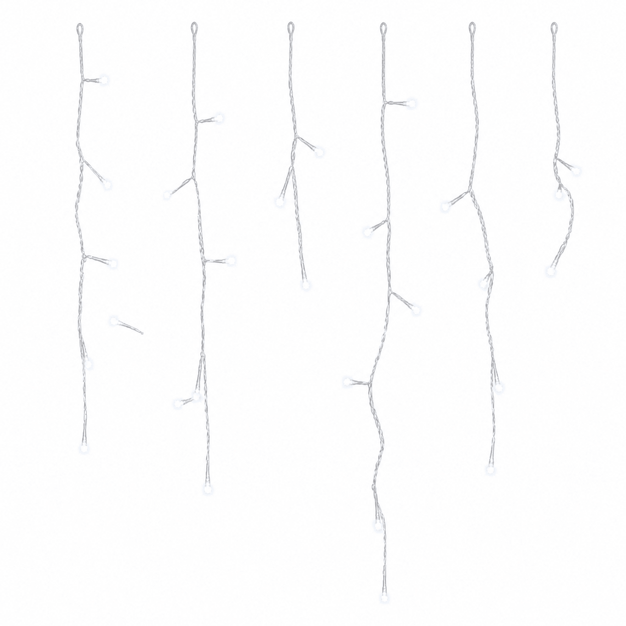Cool white twinkling icicle string lights with multiple hanging drops on a white background.