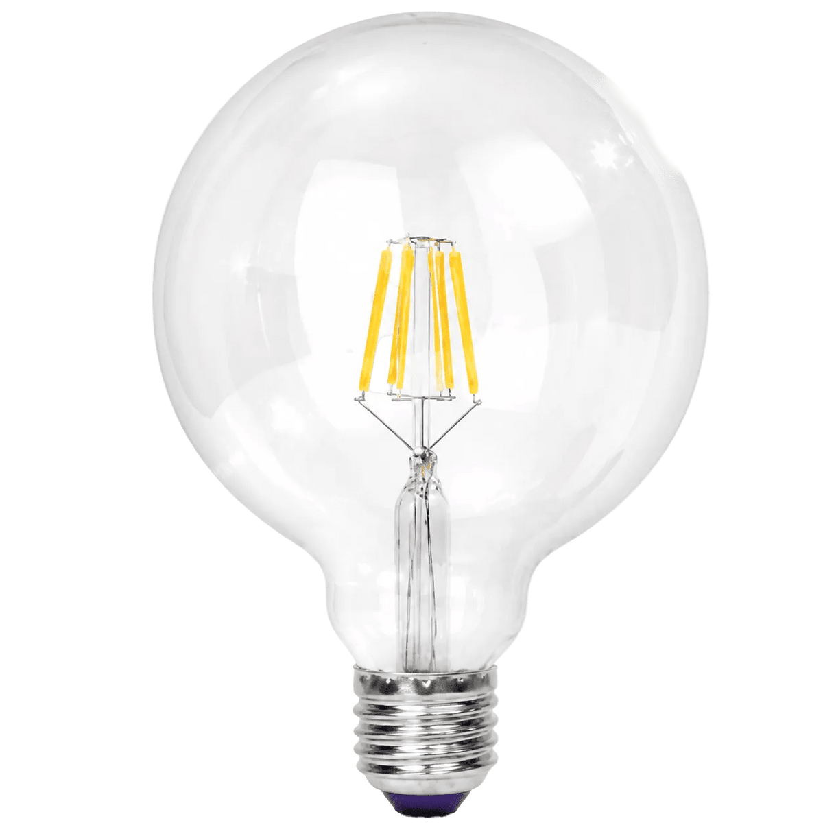 Clear opalina filament LED bulb with a round glass shape, featuring yellow filament and a silver base.