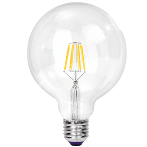 Clear opalina filament LED bulb with a round glass shape, featuring yellow filament and a silver base.