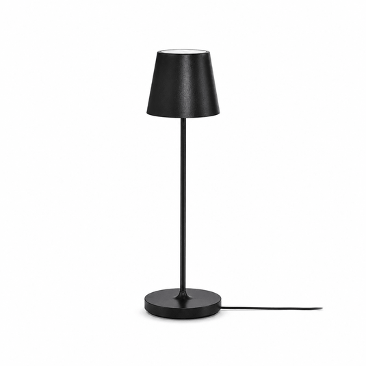 Trevi rechargeable table lamp with a black aluminum body and polycarbonate diffuser, standing upright.