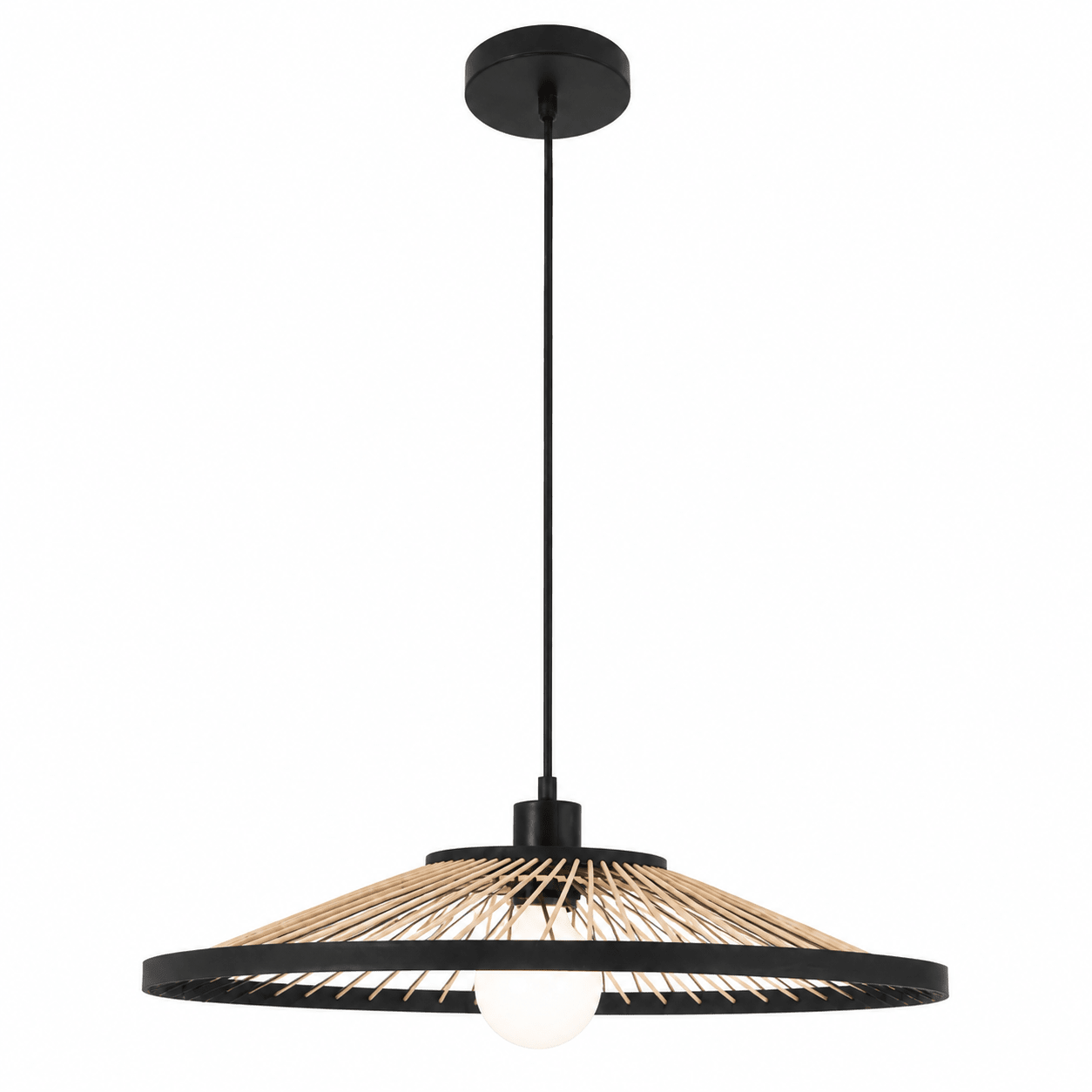 Hara Bamboo & Metal Pendant Light featuring a bamboo shade and black metal frame, suspended from the ceiling.