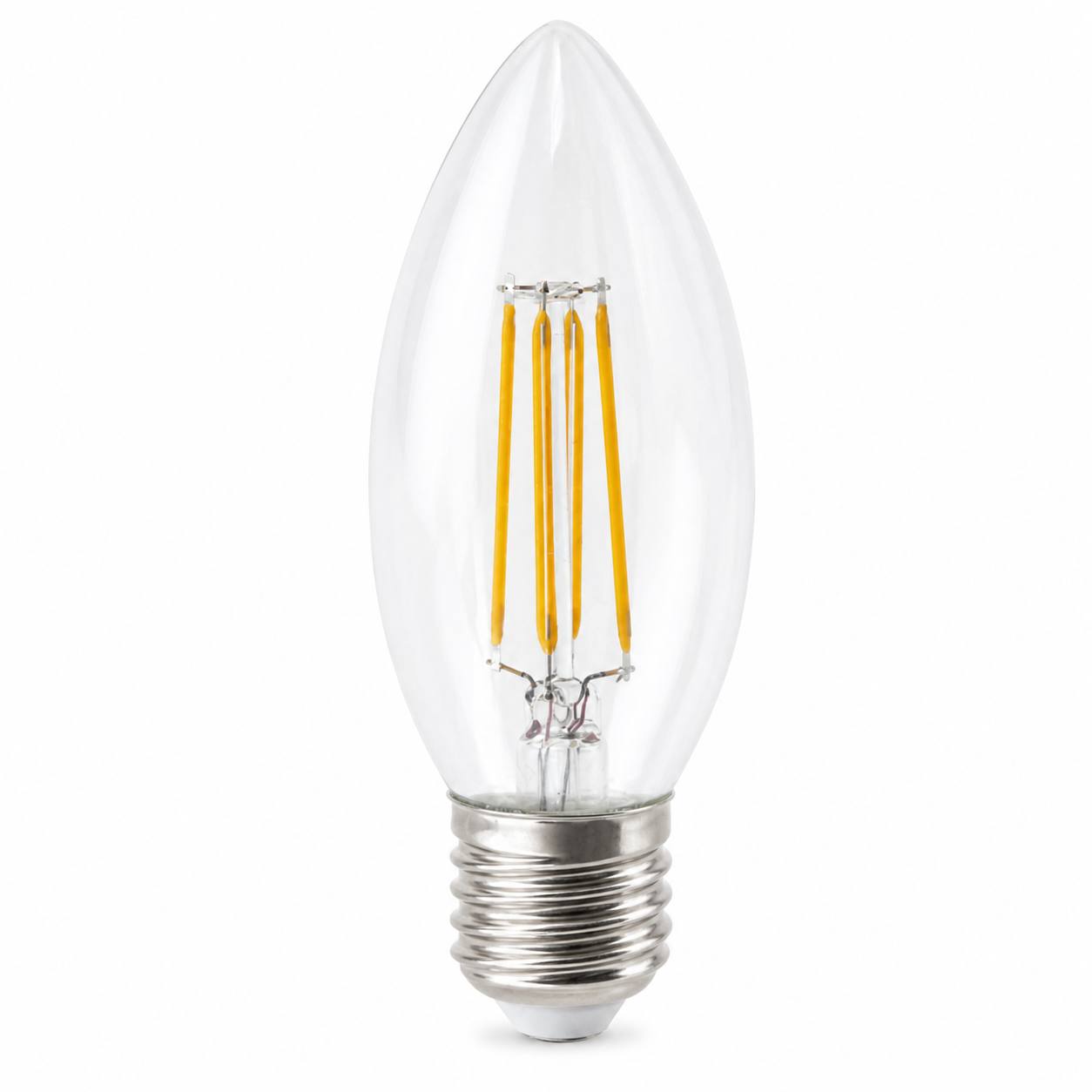 4.5W LED E27 dimmable candle bulb with clear glass design and visible filament.
