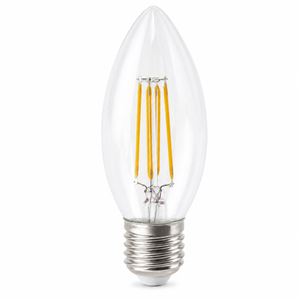 4.5W LED E27 dimmable candle bulb with clear glass design and visible filament.