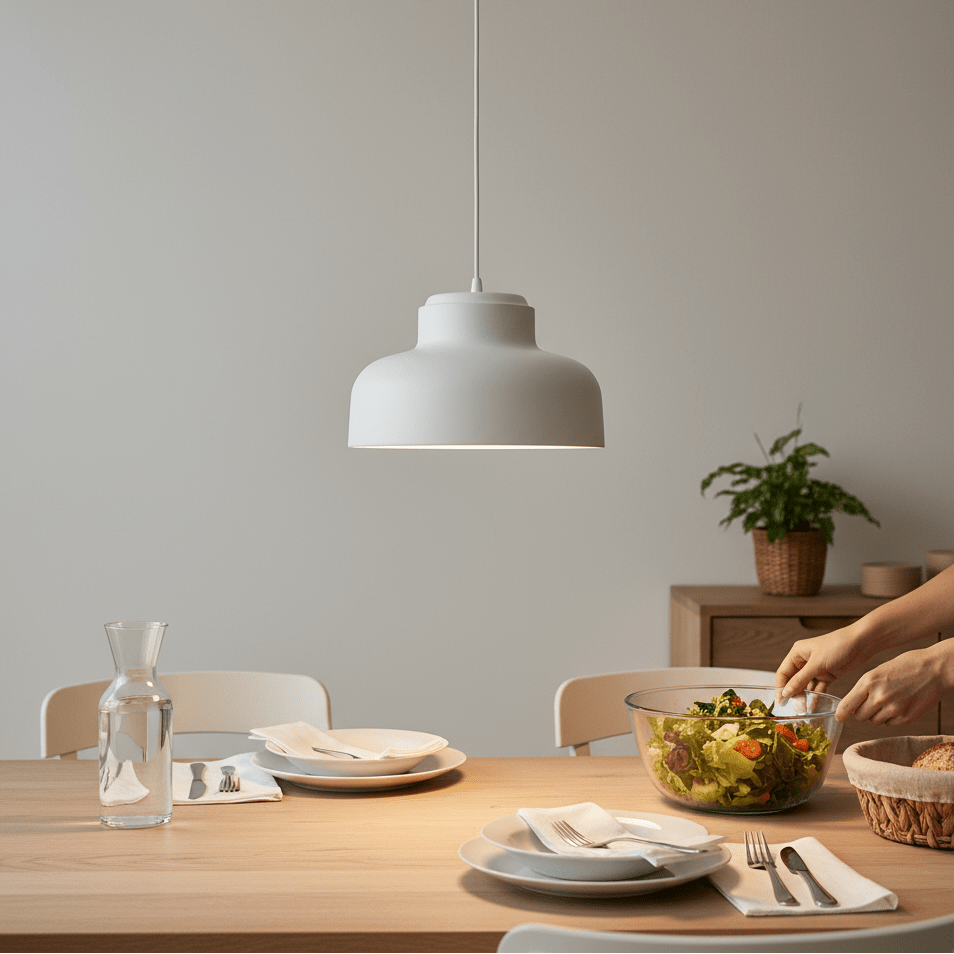 white pendant light hanging above a dining table in a bright kitchen