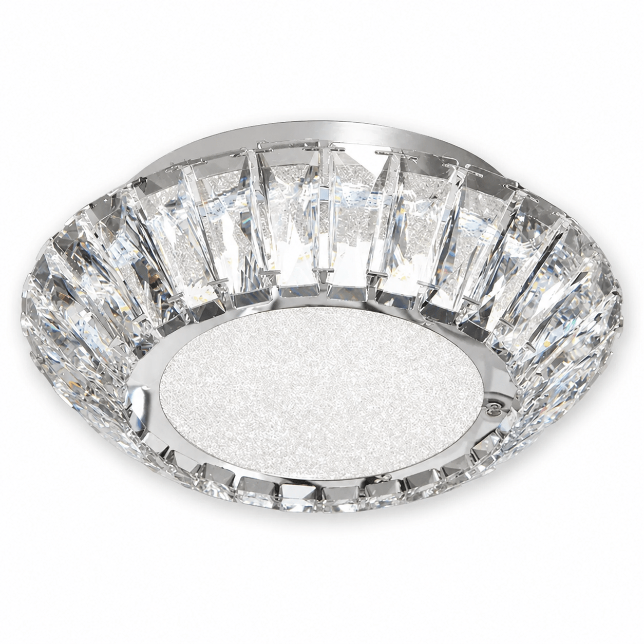 Flush ceiling light featuring a sunflower-inspired design with K9 crystal detailing and chrome finish.