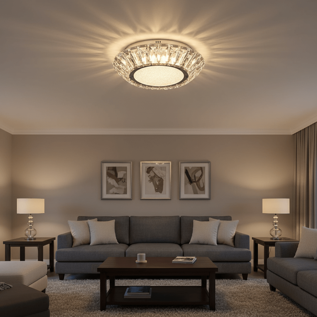 Flush ceiling light with crystal detailing illuminating a modern lounge with grey sofas and artwork.