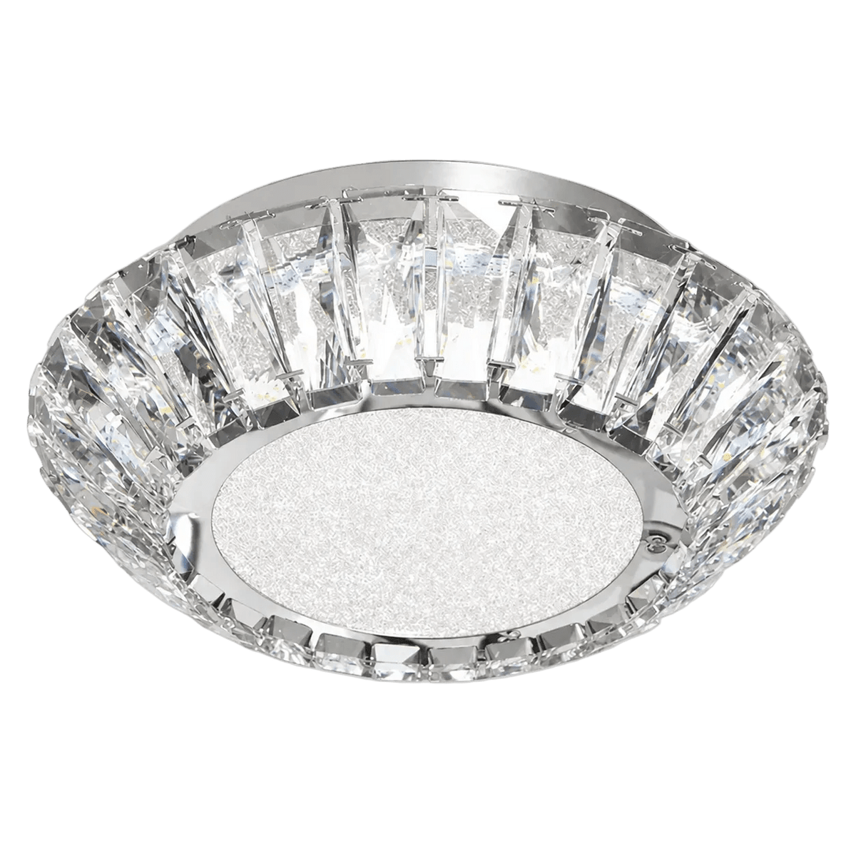 A round ceiling fitting with a chrome base and a crystal-like edge, featuring a textured white center.