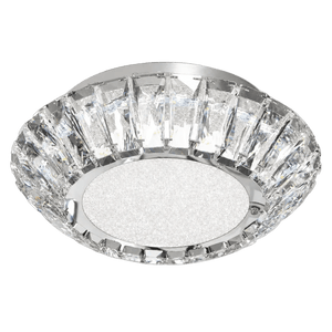 A round ceiling fitting with a chrome base and a crystal-like edge, featuring a textured white center.