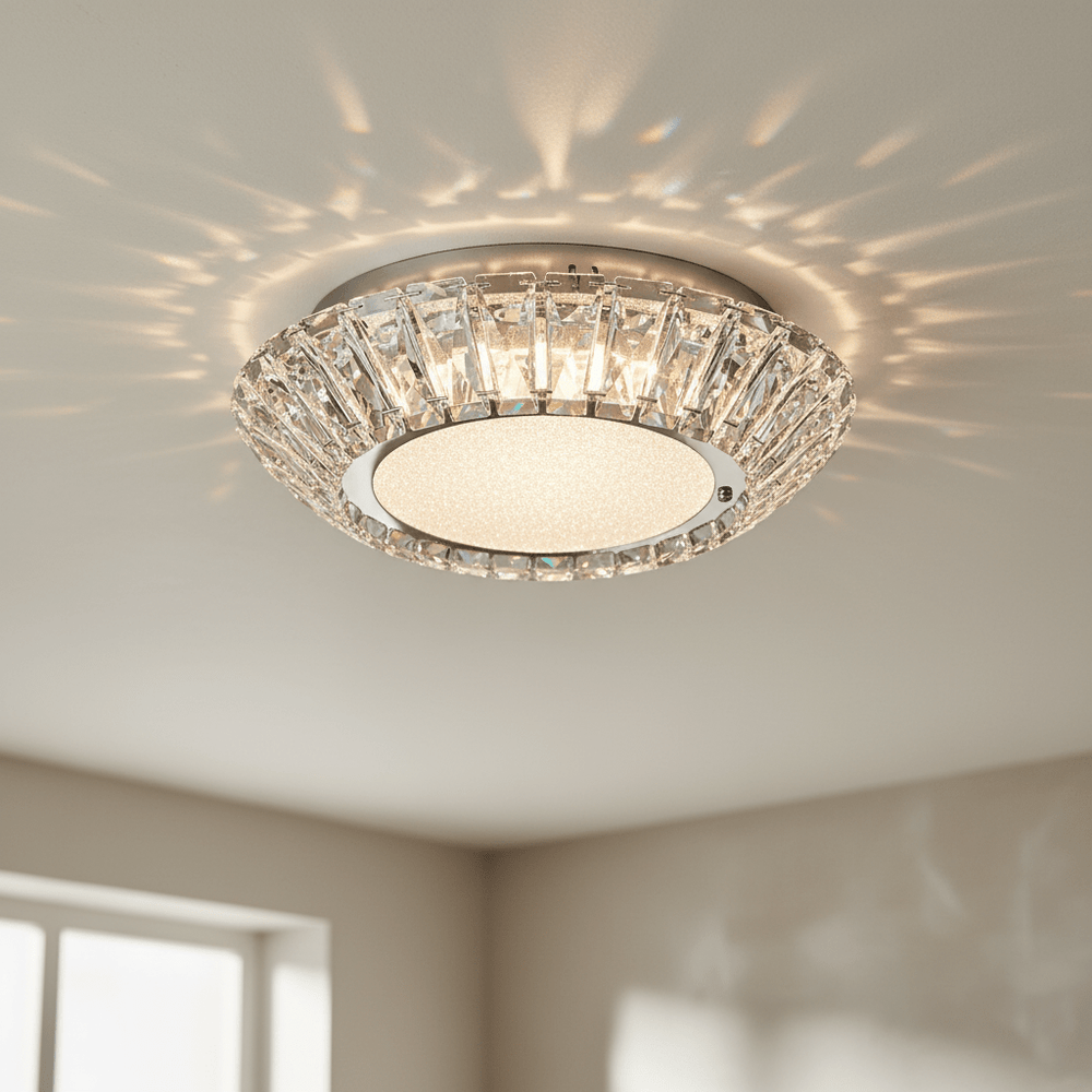 Close-up of a sunflower-inspired ceiling light fitting with K9 crystal detailing and chrome finish, casting light patterns