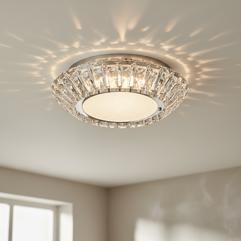 Close-up of a sunflower-inspired ceiling light fitting with K9 crystal detailing and chrome finish, casting light patterns