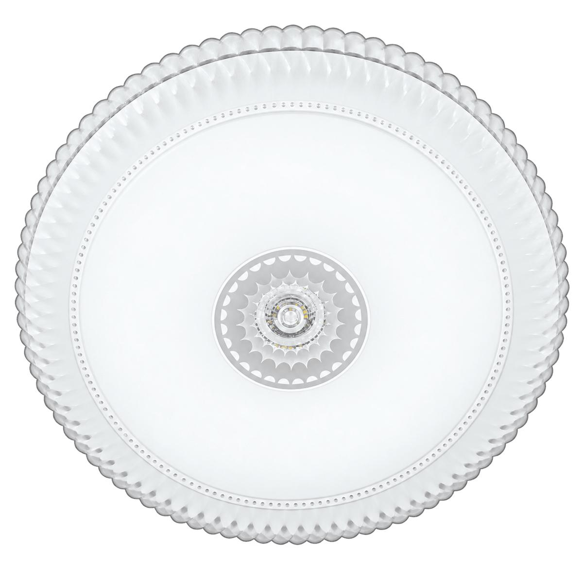 Round decorative acrylic LED ceiling light with intricate edge detailing and central LED module, viewed from below.