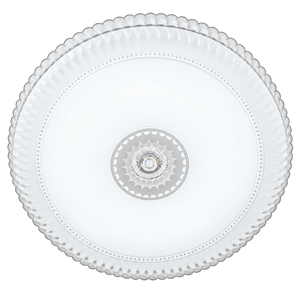 Round decorative acrylic LED ceiling light with intricate edge detailing and central LED module, viewed from below.