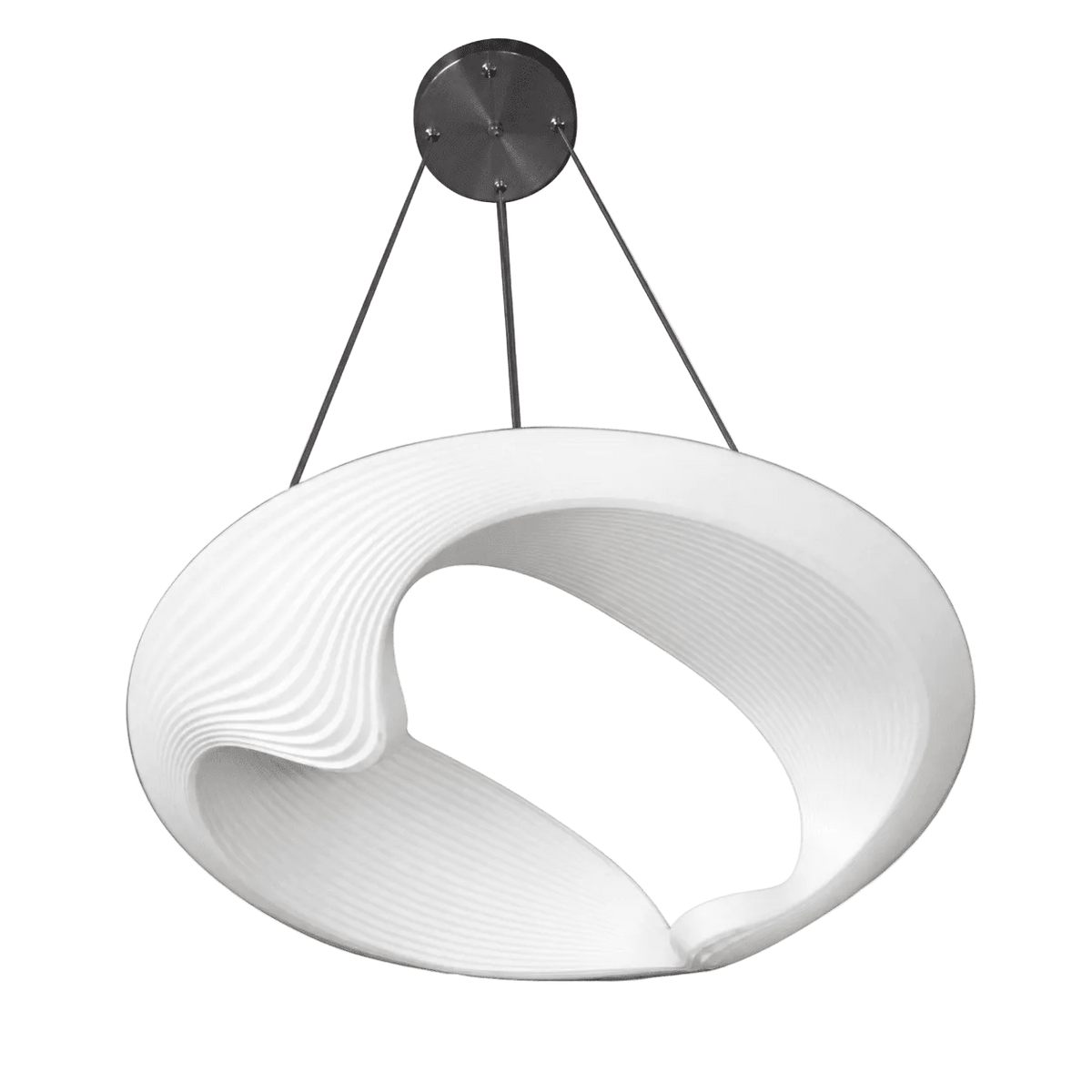 A white, wave-shaped LED pendant light with a textured surface, suspended from a circular metal ceiling mount.
