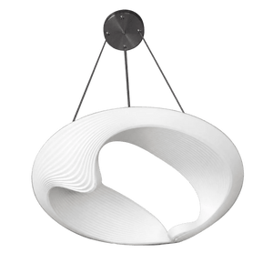 A white, wave-shaped LED pendant light with a textured surface, suspended from a circular metal ceiling mount.