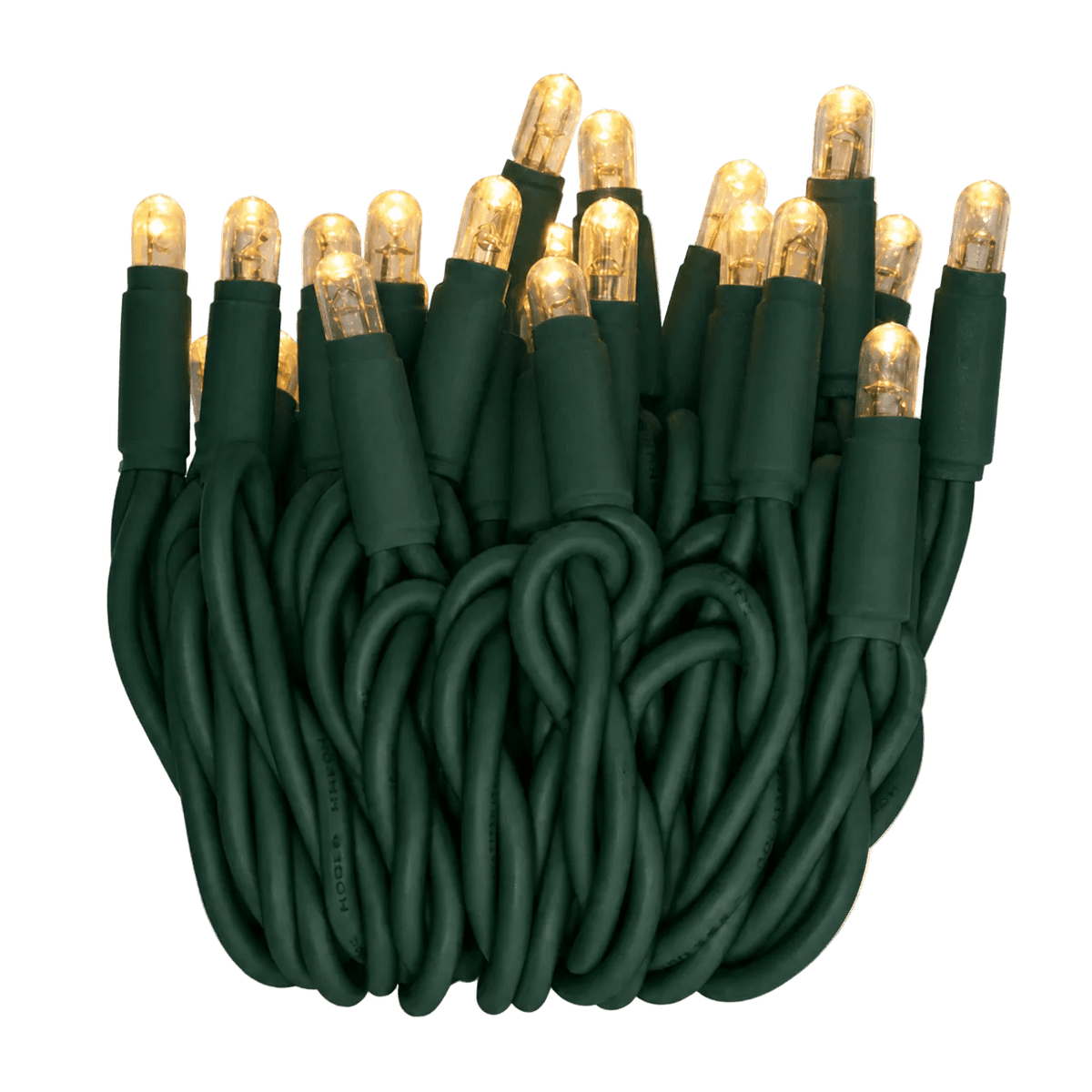 A bundle of warm white LED fairy lights with a green cable, featuring multiple light bulbs arranged closely together.