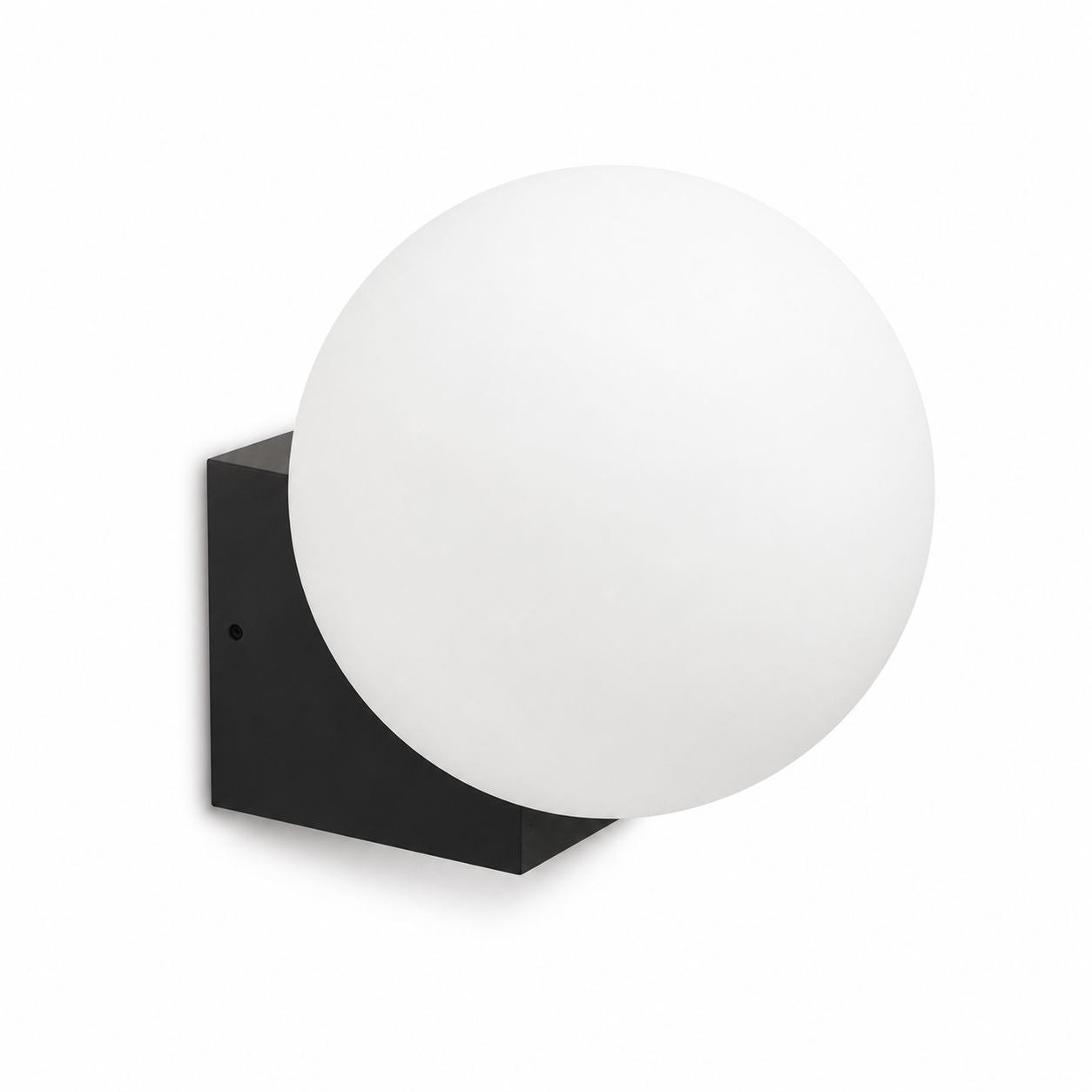 A modern wall-mounted light fixture featuring a large, matte white spherical globe and a matte black square wall bracket, shown against a solid white background.