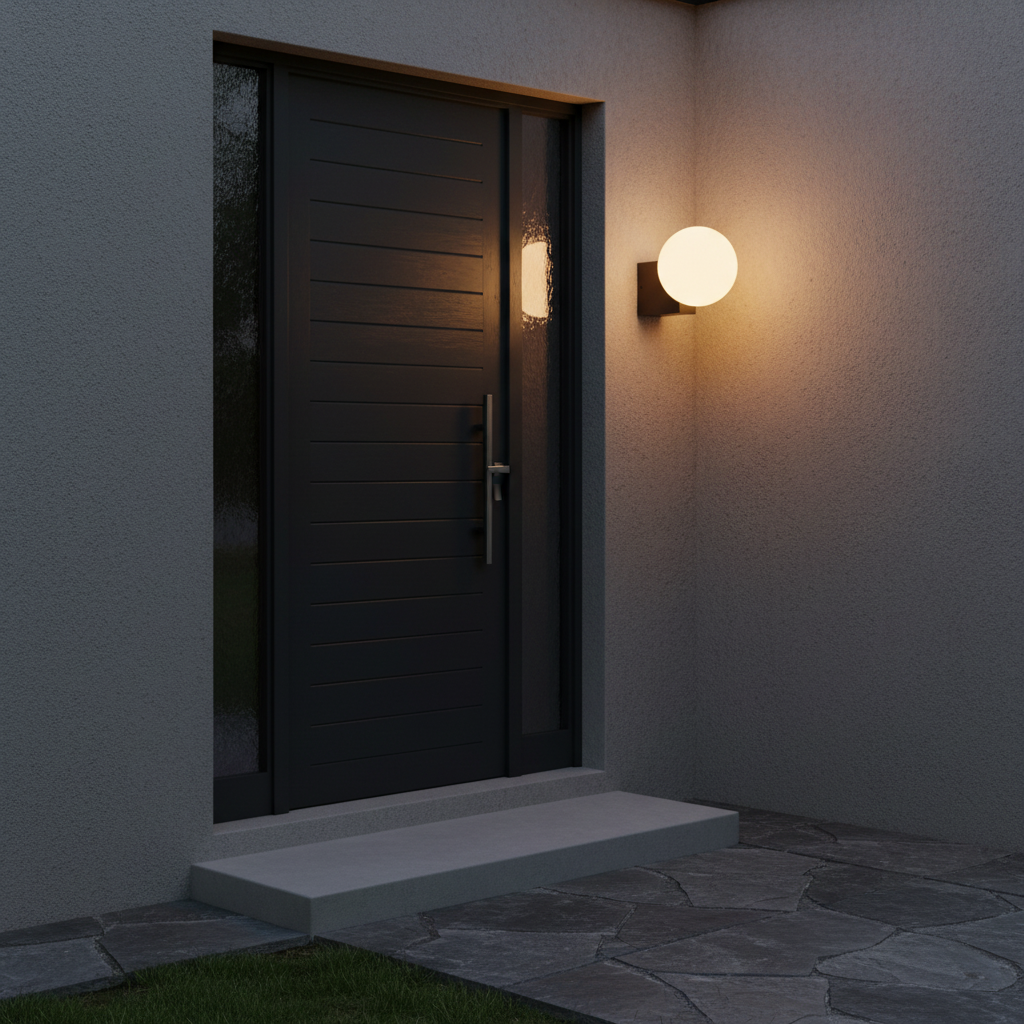 Comino Large Wall Light in Sand Black illuminating a modern entrance with a glass orb shade.