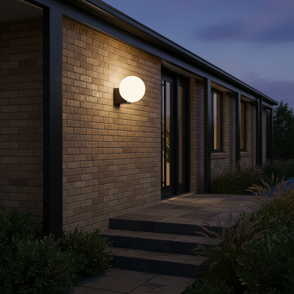 Comino Large Wall Light in Sand Black illuminating a brick wall at dusk, enhancing the entrance area.