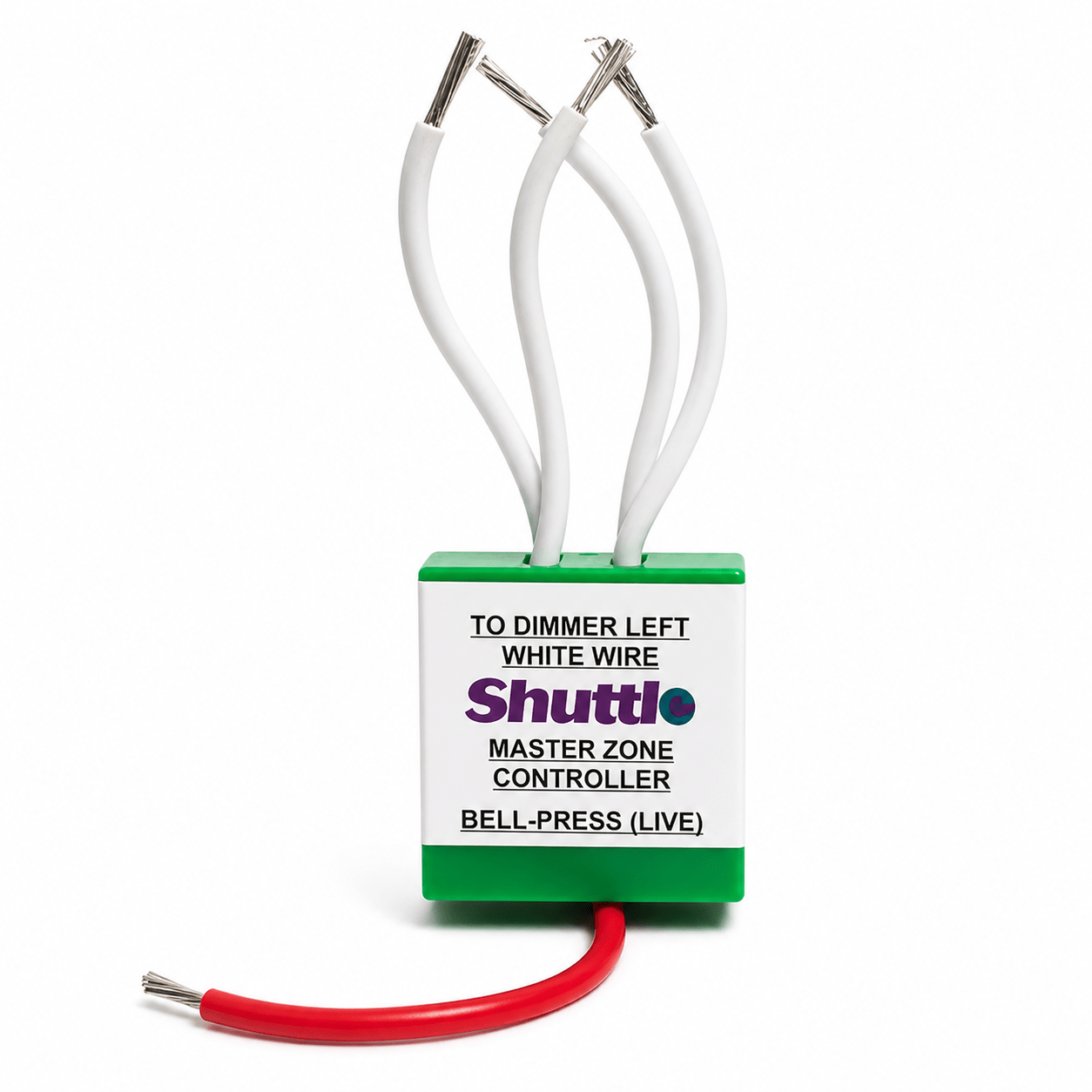 Shuttle LED Dimmer Module with labeled wires for master zone control, featuring a compact design.