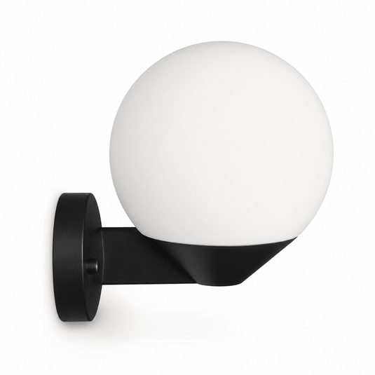 Orbit Black & Opal Wall Light featuring a rounded opal diffuser mounted on a black base.