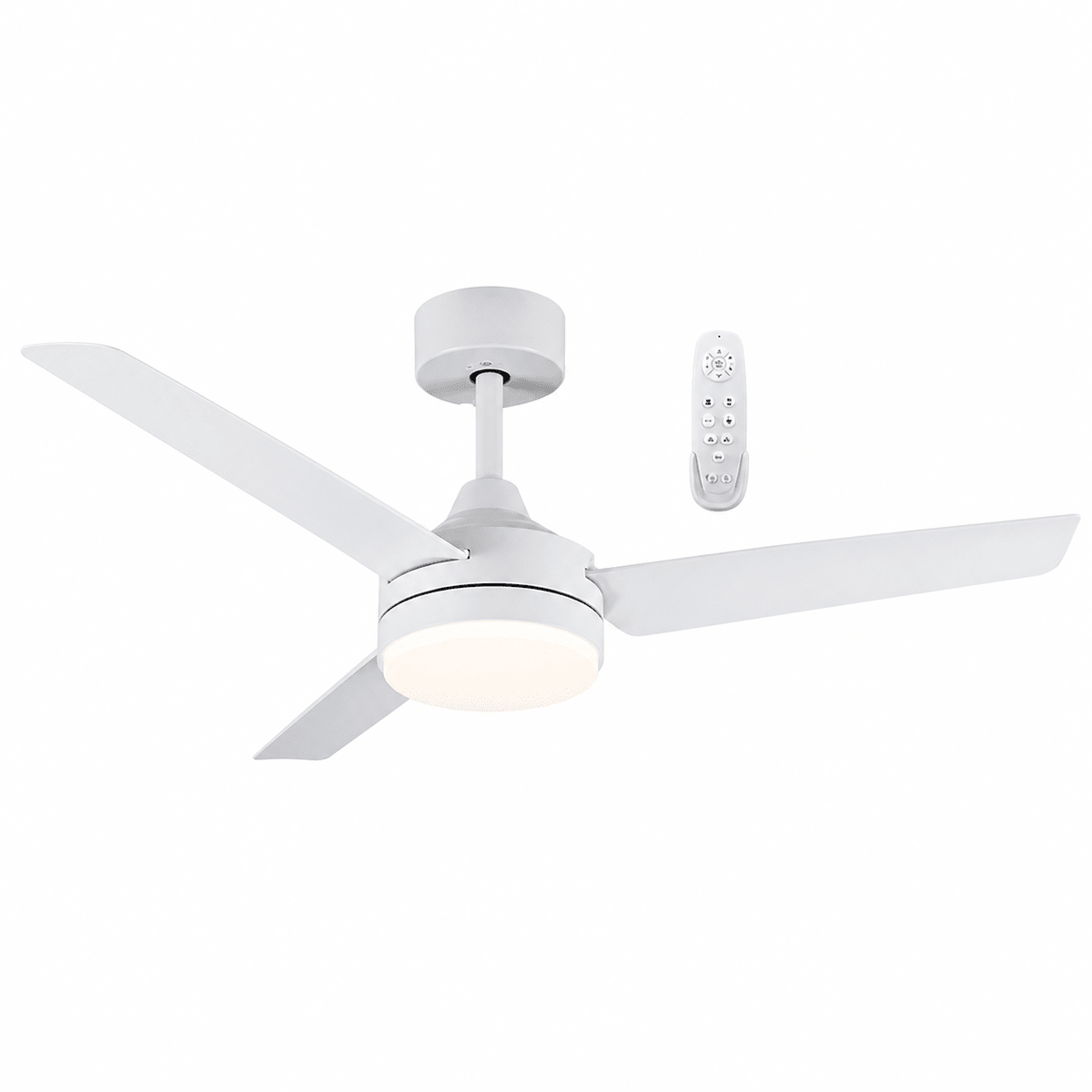 Tiberius 3 Blade 48" White LED Ceiling Fan with remote control, showcasing sleek design and integrated light.