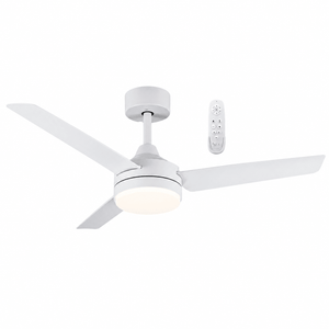 Tiberius 3 Blade 48" White LED Ceiling Fan with remote control, showcasing sleek design and integrated light.