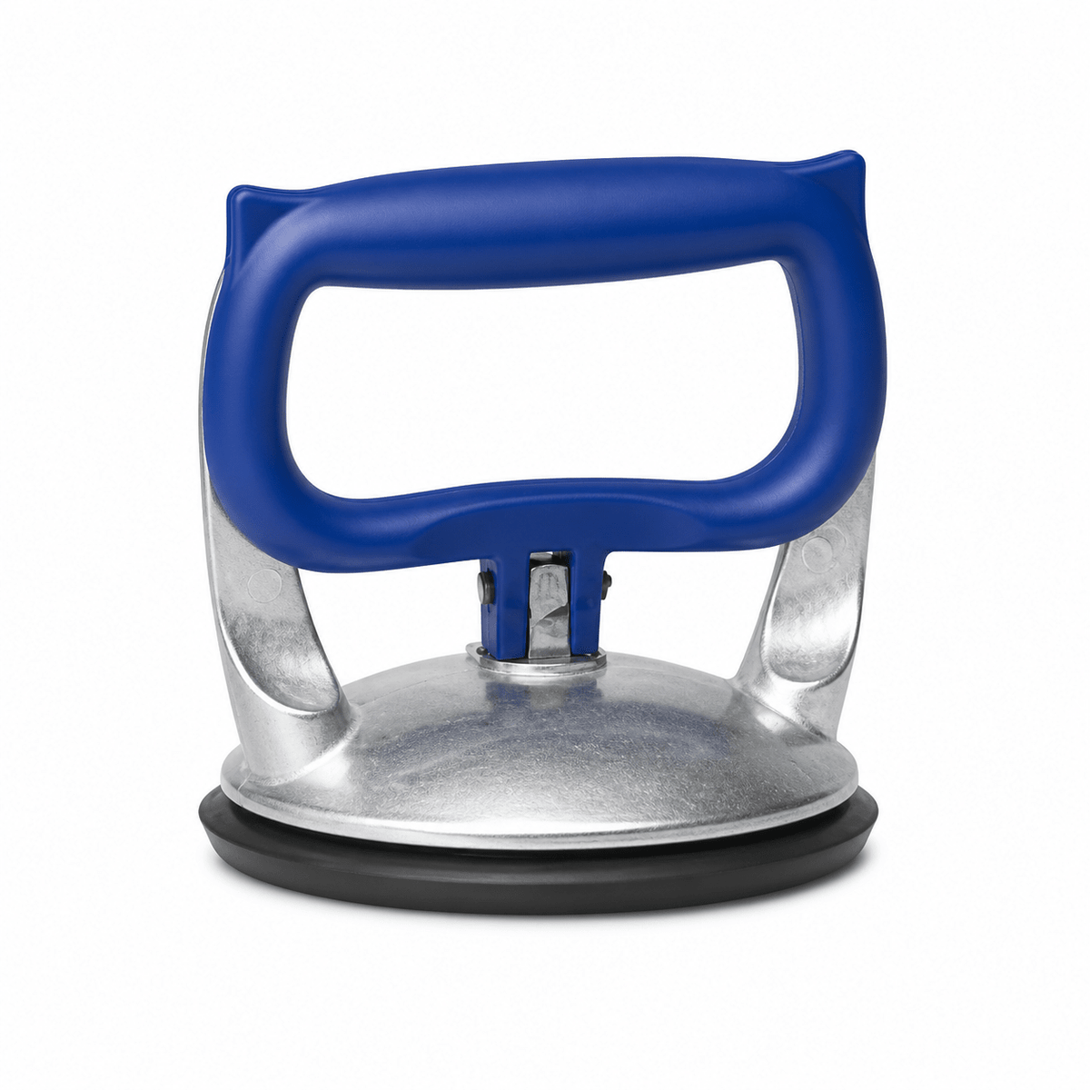 Single cup suction lifter with a blue handle and aluminum base, designed for lifting smooth materials.