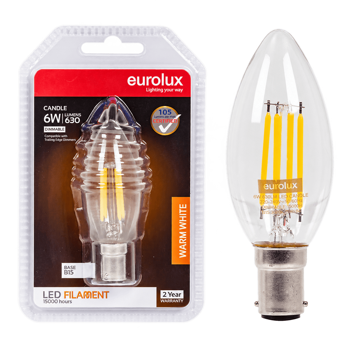 6W Dimmable Candle Filament LED Bulb – B15, 3000K Warm White