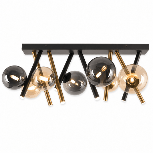 7-light ceiling fitting with antique brass frame and amber/smoke glass shades, showcasing a modern design.
