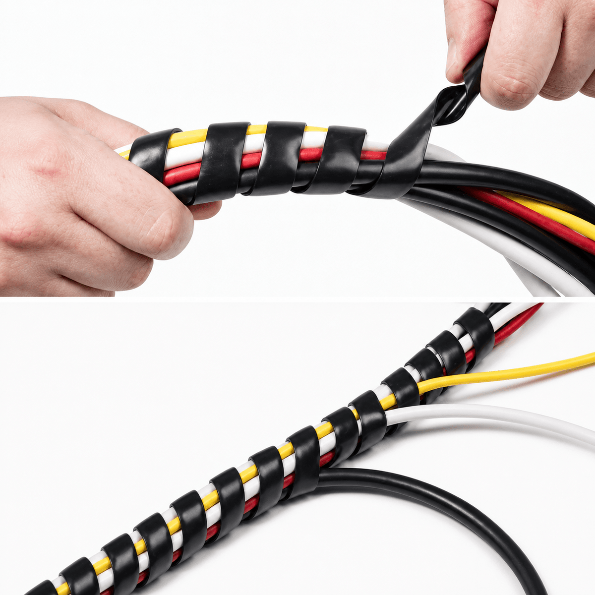 Hands demonstrating the application of an 8mm spiral wrap cable organiser on multiple cables.