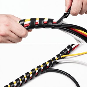 Hands demonstrating the application of an 8mm spiral wrap cable organiser on multiple cables.
