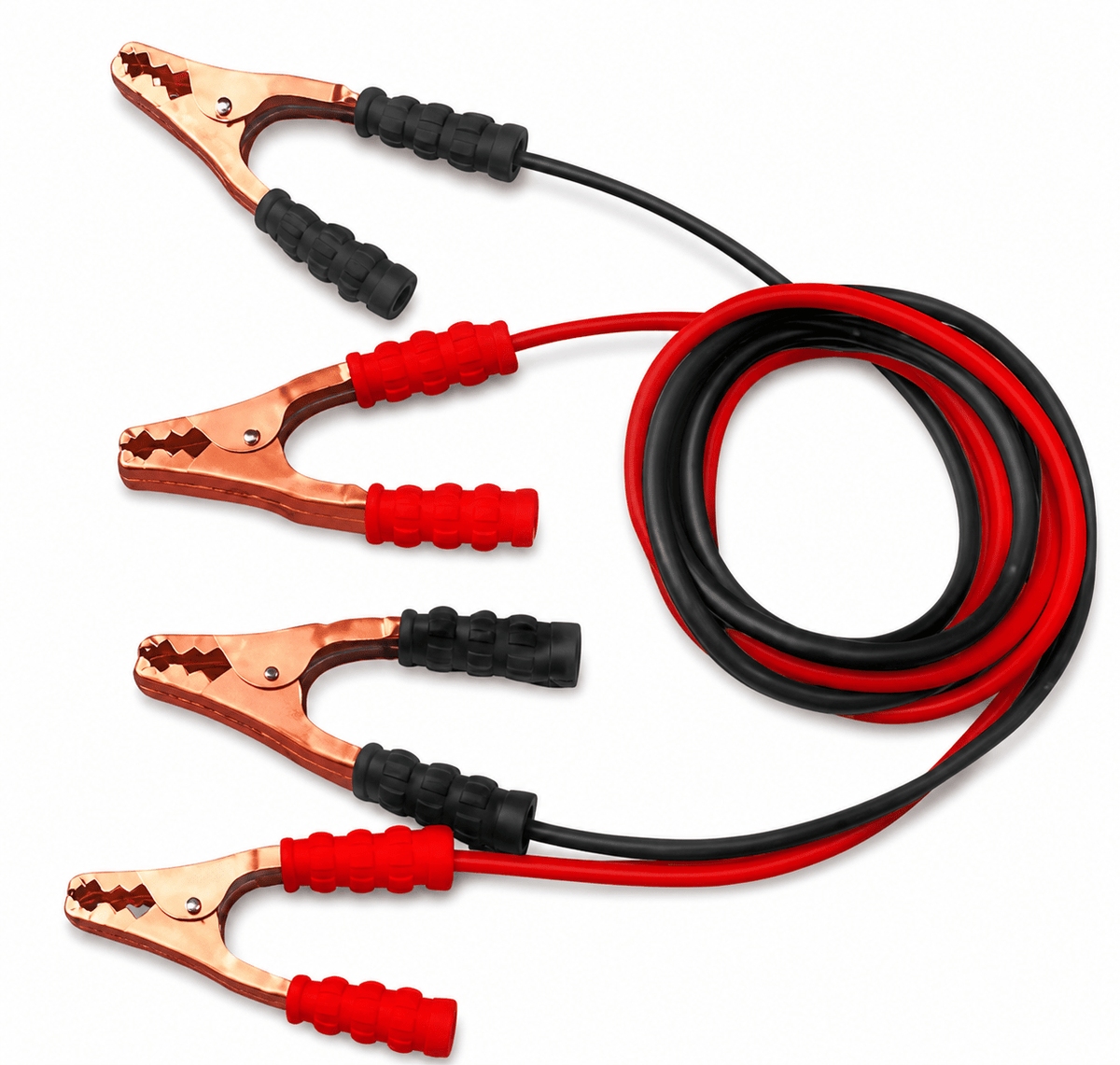 Heavy-duty jumper cables with copper clamps and flexible PVC insulation, coiled for storage.