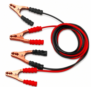 Heavy-duty jumper cables with copper clamps and flexible PVC insulation, coiled for storage.
