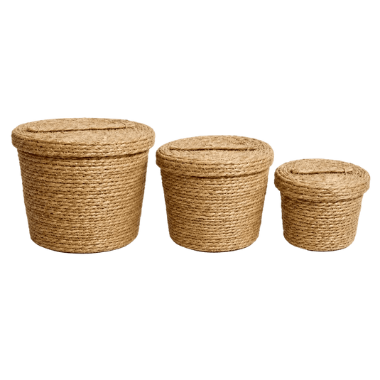 Round Woven Storage Basket Set of 3 with Lids