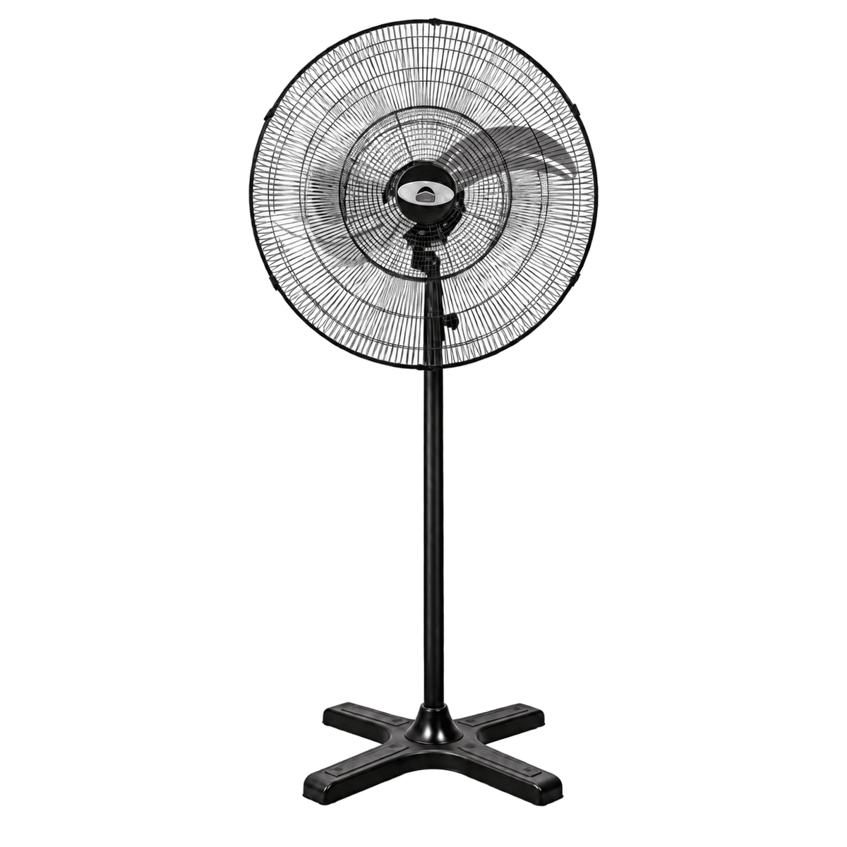 Black industrial floor fan with circular steel grill, tall pole, and cross-shaped base against a green background