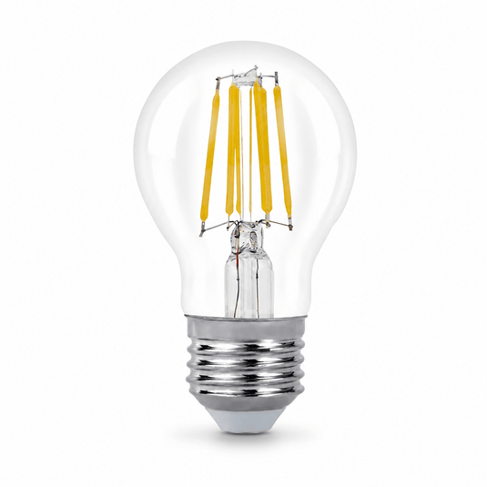 6W A55 clear glass filament LED bulb with E27 base, showcasing a rounded shape and visible filaments.