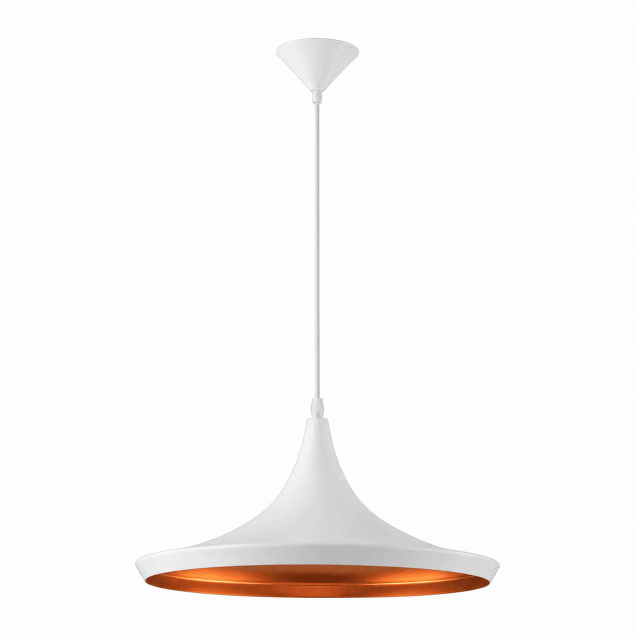 Modern white and gold conical pendant light with a sleek design, ideal for dining or kitchen spaces.