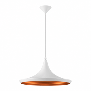 Modern white and gold conical pendant light with a sleek design, ideal for dining or kitchen spaces.