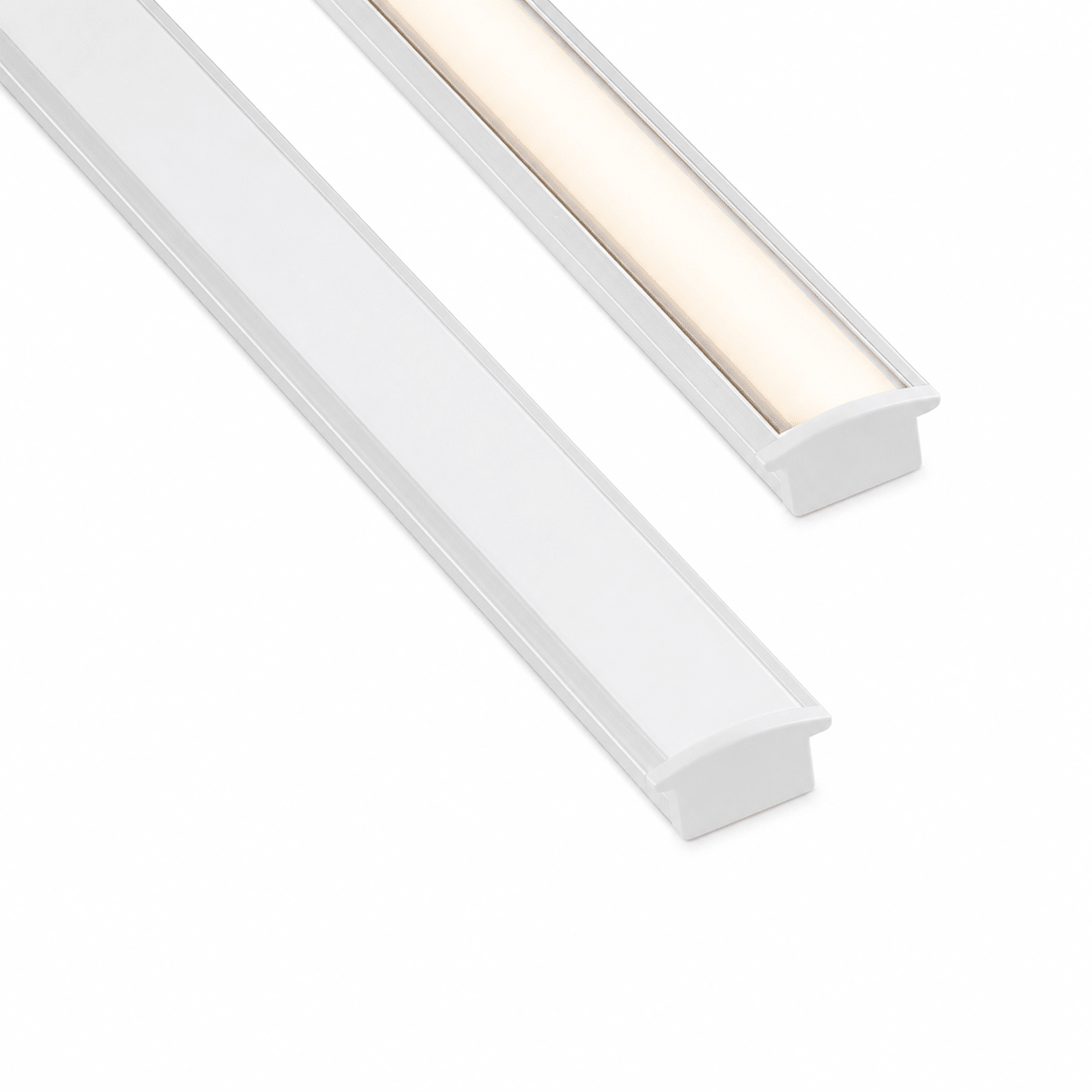 White A4 aluminum LED extrusion with frosted cover, showcasing two profiles side by side.