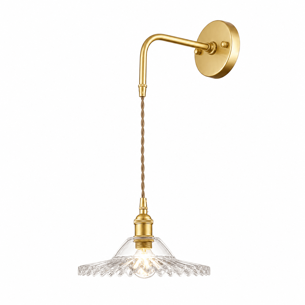Vintage cut glass wall light with satin gold finish, featuring a decorative design and twisted cord.
