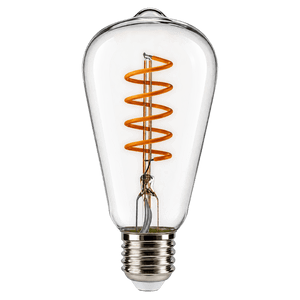 Clear glass LED filament bulb with orange spiral coil and E27 screw base, shown front‑on against a solid green background