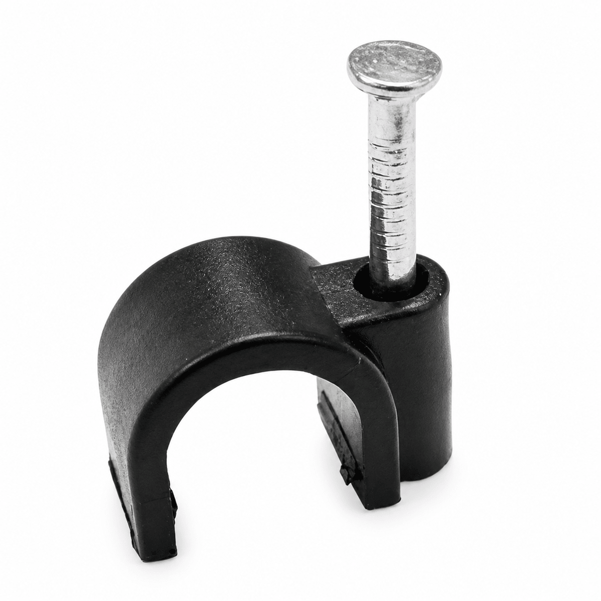 Black round 10mm cable clip with a nail for easy installation, ideal for organizing cables.