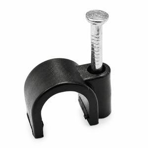 Black round 10mm cable clip with a nail for easy installation, ideal for organizing cables.