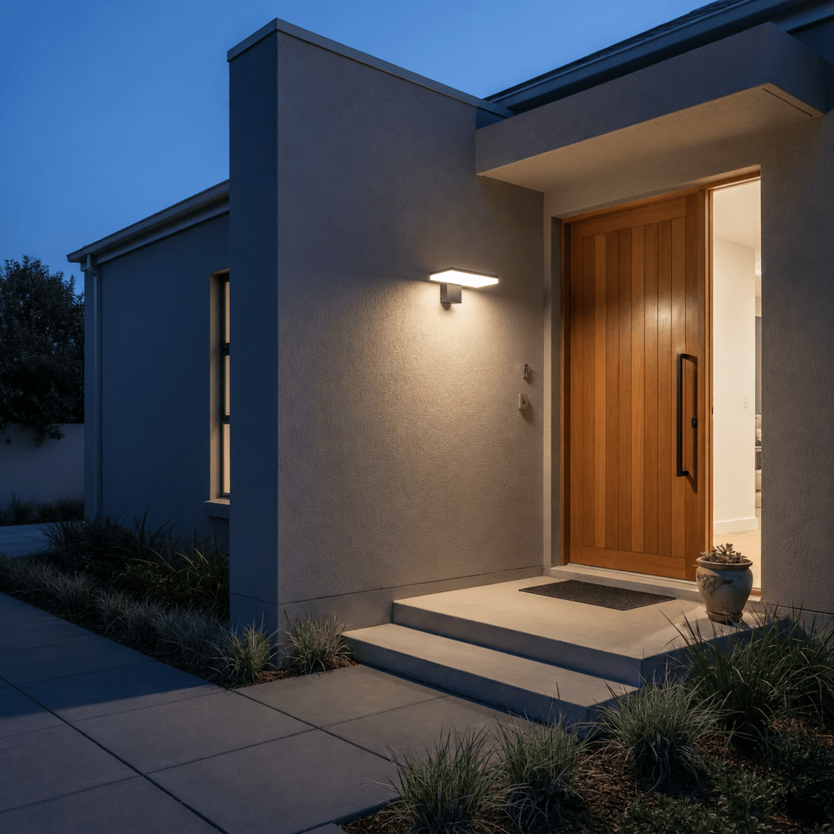 Modern rectangular outdoor wall light mounted beside a wooden door, casting warm illumination on a textured wall at dusk.