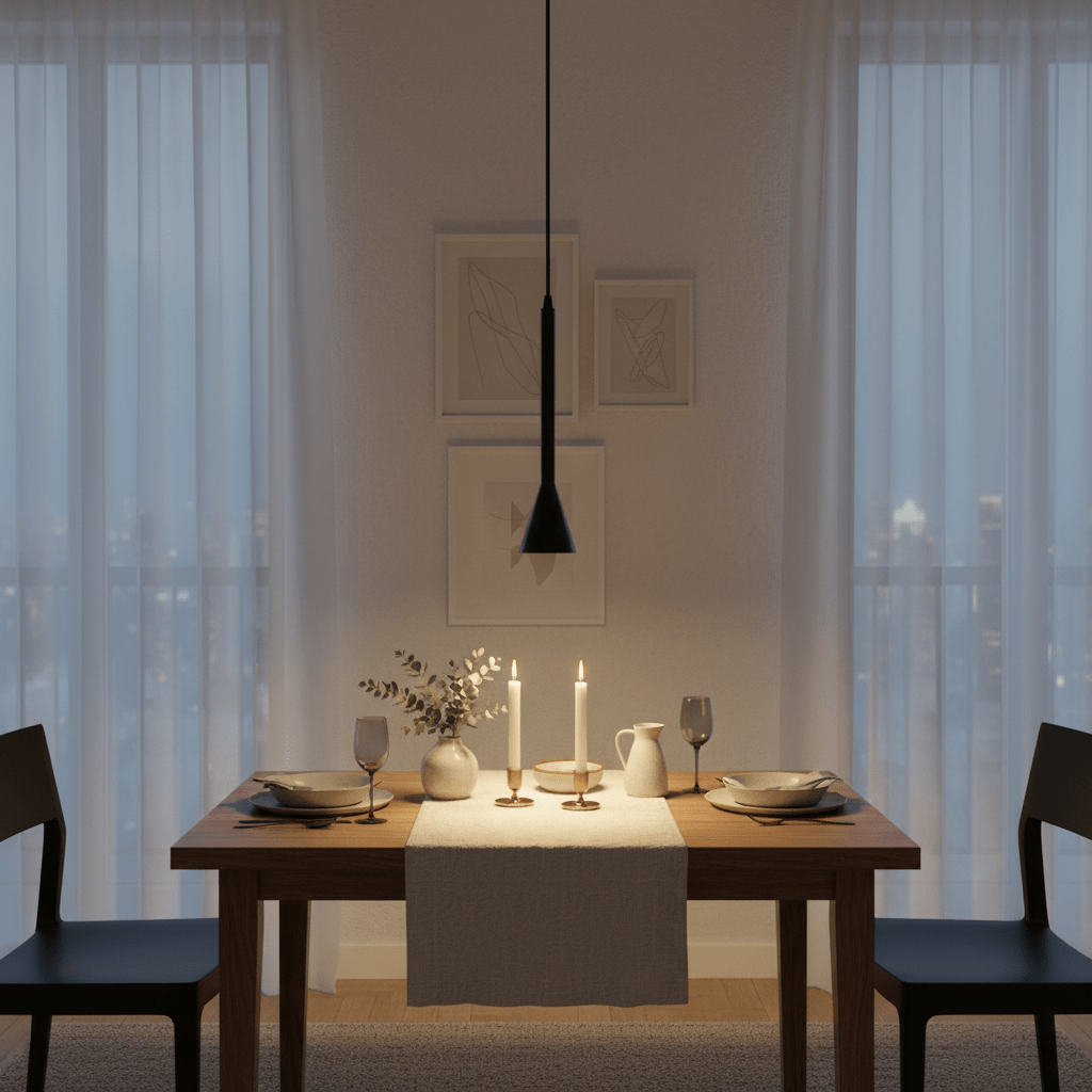A sleek black pendant light hangs over a wooden dining table set with plates, glasses, and candles, creating a cozy ambiance.