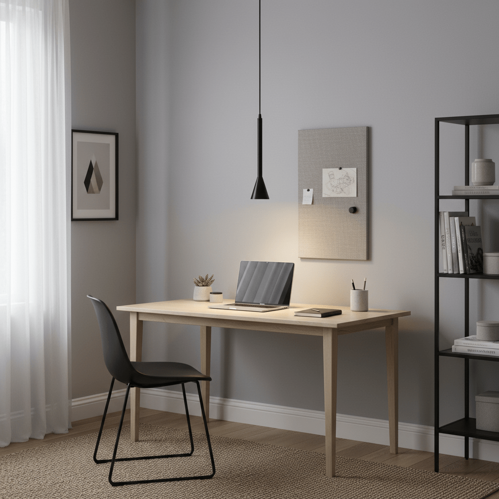 Torre Medium GU10 Flute Pendant light hanging above a modern desk with a laptop and decor.