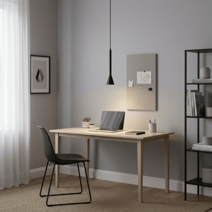 Torre Medium GU10 Flute Pendant light hanging above a modern desk with a laptop and decor.