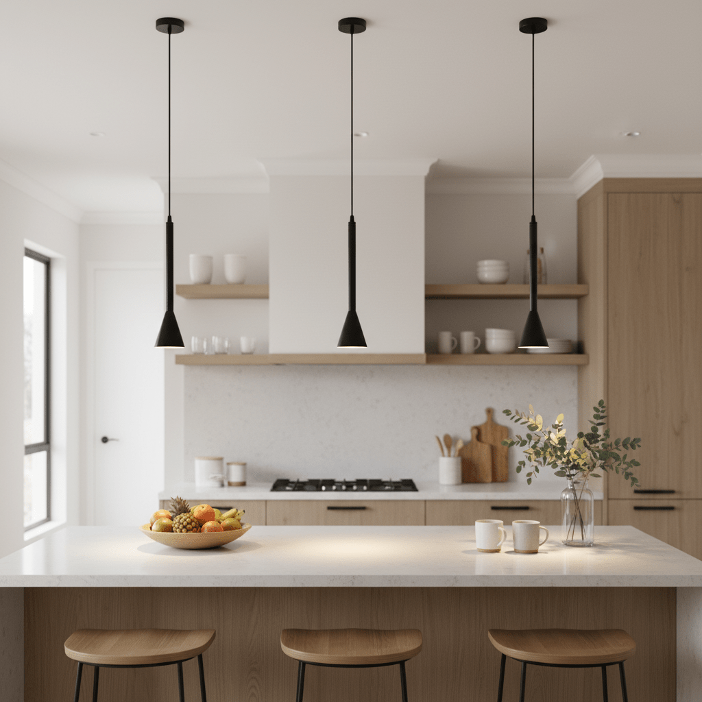 Three black pendant lights hang over a kitchen island with a fruit bowl and wooden stools.