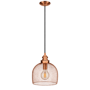Copper mesh pendant light with a warm glow, ideal for kitchens and dining areas.